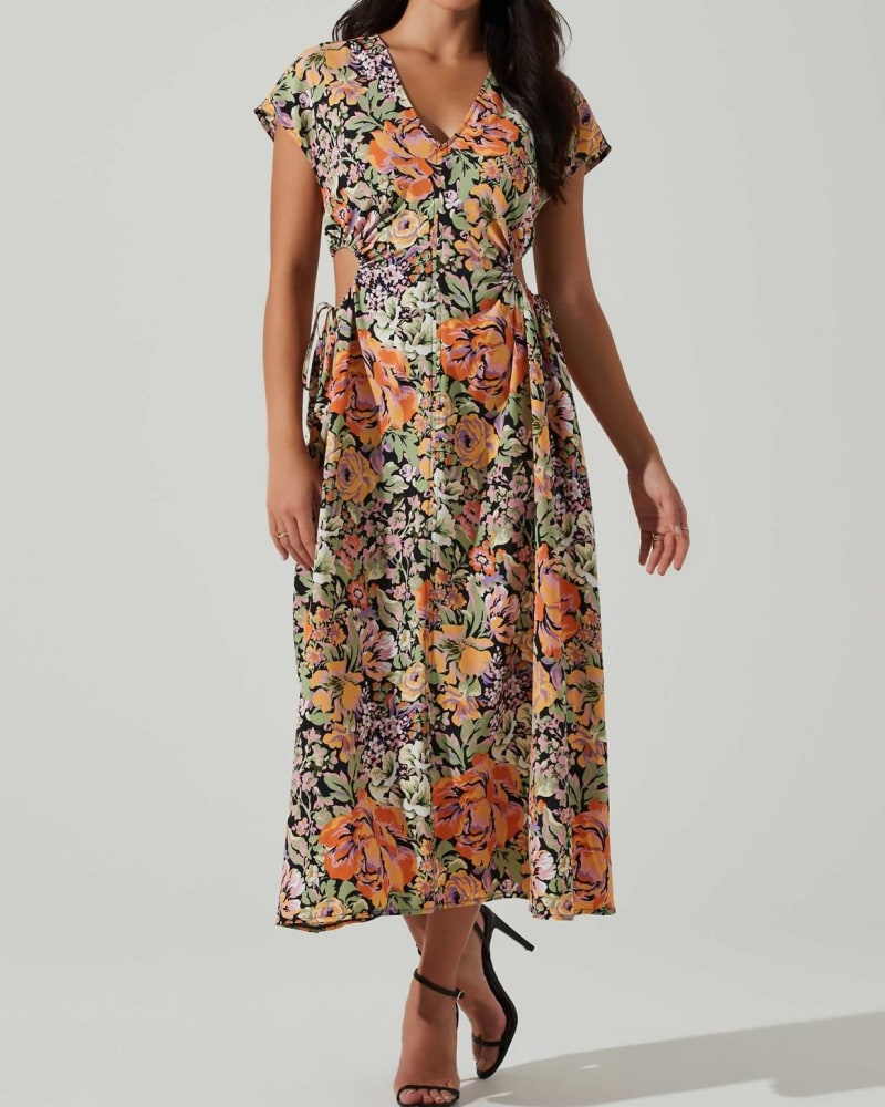 Front of a model wearing a size Large Miranda Dress in Orange Black Floral in Orange Black Floral by ASTR. | dia_product_style_image_id:337569